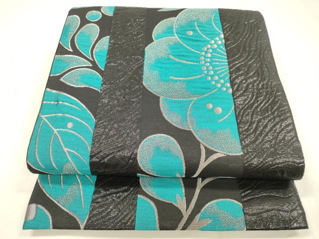 平和屋着物●六通柄袋帯　ふくれ織　草花文　黒地　銀糸　反端付き　正絹　逸品　DABA0442cm