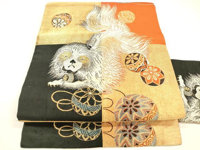 平和屋着物●アンティーク　大正ロマン　九寸名古屋帯　鞠　狆　金糸　正絹　逸品　DABA0446cm