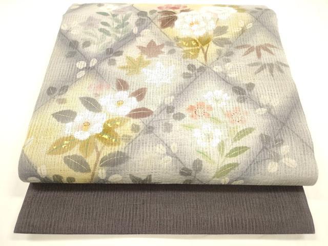 平和屋着物＊夏物　太鼓柄袋帯　草花文　金彩　正絹　逸品　DABA0472cm