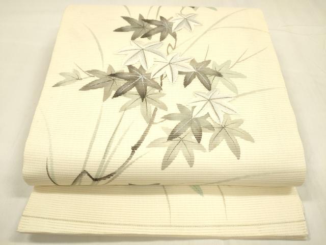 平和屋着物＊夏物　九寸開き名古屋帯　作家物　手描き　刺繍　枝葉文　銀彩　正絹　逸品　DABA0499cm