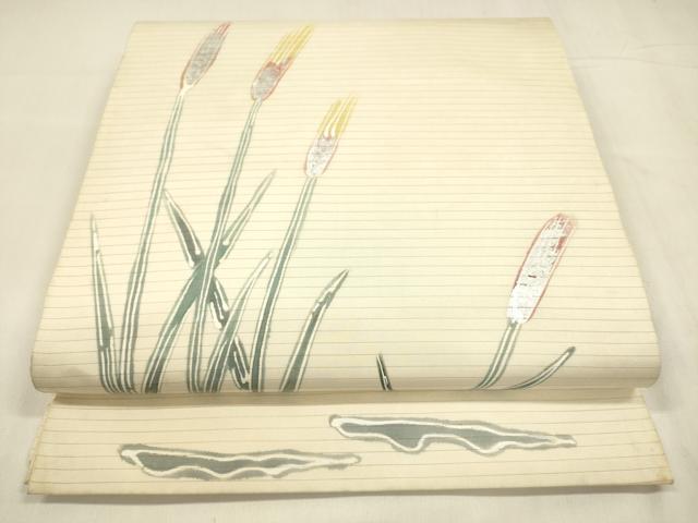 平和屋着物＊夏物　路塩瀬　九寸開き名古屋帯　手描き　草葉文　銀彩　正絹　逸品　DABA0511cm