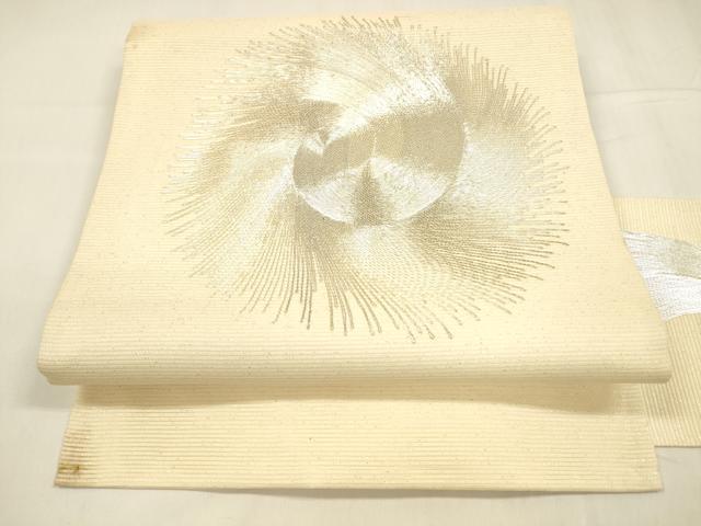 平和屋着物＊夏物　九寸名古屋帯　駒刺繍　総刺繍　抽象文様　金糸　正絹　逸品　DABA0513cm
