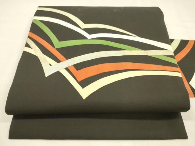 平和屋着物●塩瀬　九寸名古屋帯　抽象文様　黒地　金彩　正絹　逸品　DABA0536cm