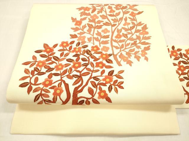 平和屋着物●塩瀬　九寸名古屋帯　ろうけつ染め　枝花文　金彩　正絹　逸品　DABA0549cm