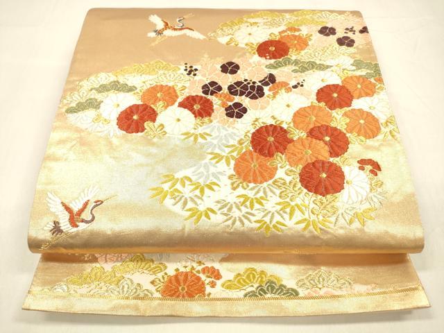 平和屋着物●西陣　河合美術織物謹製　六通柄袋帯　唐織　飛鶴笹竹草花文　金糸　正絹　逸品　DABA0568cm