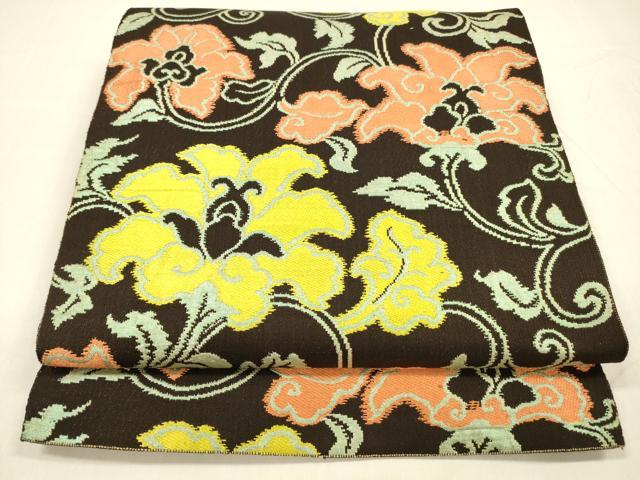 平和屋着物●全通柄　京袋帯　更紗花唐草文　黒地　正絹　逸品　DABA0569cm