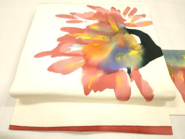 平和屋着物●虹色創家　本郷大田子　塩瀬　九寸名古屋帯　手描き　枝花文　正絹　逸品　DABA0570cm