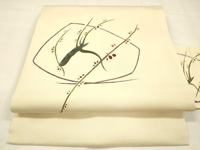 平和屋着物●塩瀬　九寸名古屋帯　刺繍　枝花文　金彩　正絹　逸品　DABA0579cm