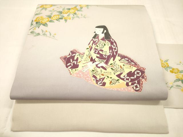 平和屋着物●塩瀬　九寸名古屋帯　友禅　女人枝花文　正絹　逸品　DABA0587cm