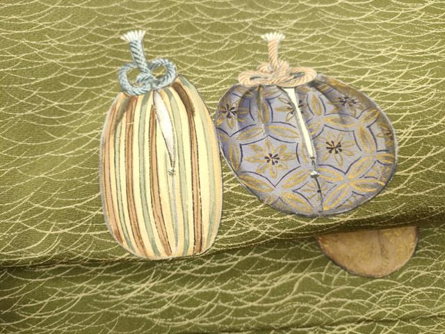 平和屋着物○つけ帯 手描き 仕覆文 金彩 正絹 逸品 DABA0589cm