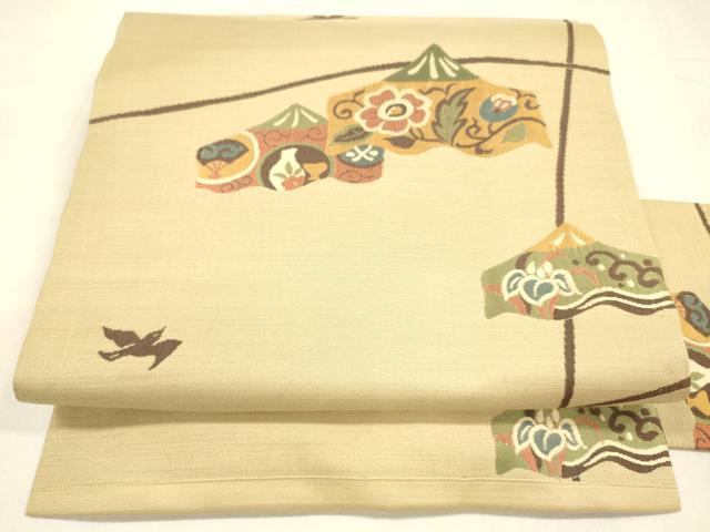 平和屋着物●九寸名古屋帯　飛鳥草花文　ぜんまい　正絹　逸品　DABA0608cm