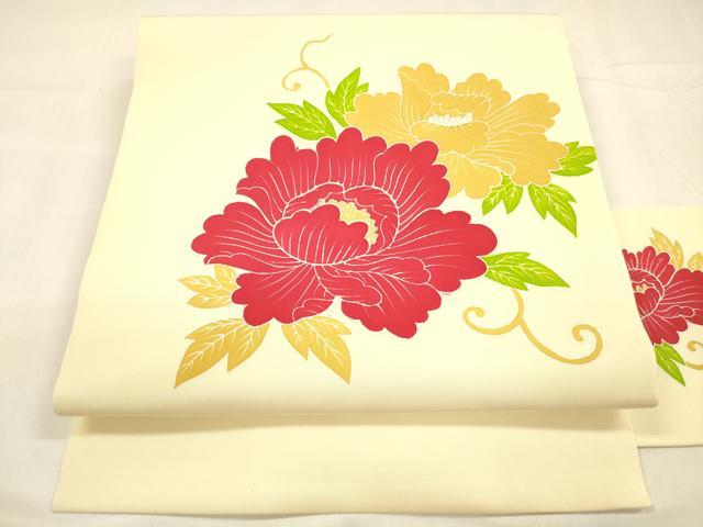 平和屋着物●塩瀬　九寸名古屋帯　牡丹唐草文　金彩　正絹　逸品　DABA0611cm