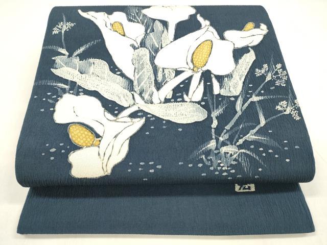 平和屋着物●九寸開き名古屋帯　ろうけつ染め　作家物　手描き　草花文　正絹　逸品　DABA0622cm