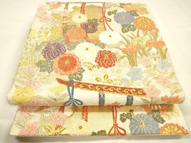 平和屋着物●佐賀錦　六通柄袋帯　唐織　草花文　金糸　正絹　逸品　DABA0635cm