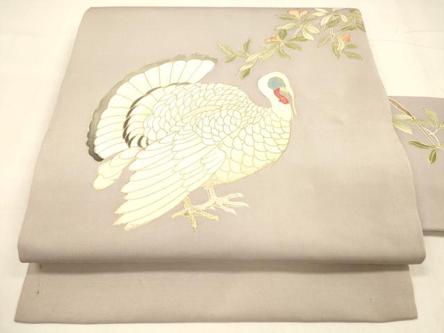 平和屋着物●塩瀬　九寸名古屋帯　鶏枝花文　金彩　正絹　逸品　DABA0647cm