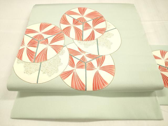 平和屋着物●塩瀬　九寸名古屋帯　刺繍　舞花文　金彩　正絹　逸品　DABA0650cm