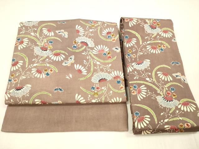 平和屋着物●塩瀬　つけ帯　型染　花蝶文　正絹　逸品　DABA0651cm