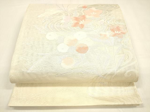 平和屋着物＊夏物　六通柄袋帯　流水草花文　銀糸　正絹　逸品　DABA0674cm