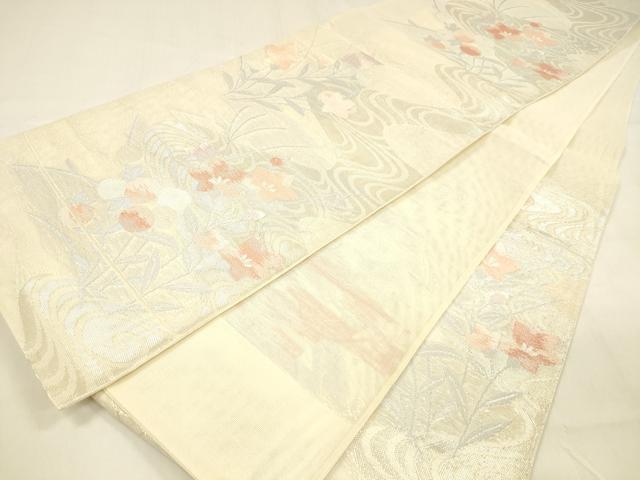 平和屋着物＊夏物　六通柄袋帯　流水草花文　銀糸　正絹　逸品　DABA0674cm_4