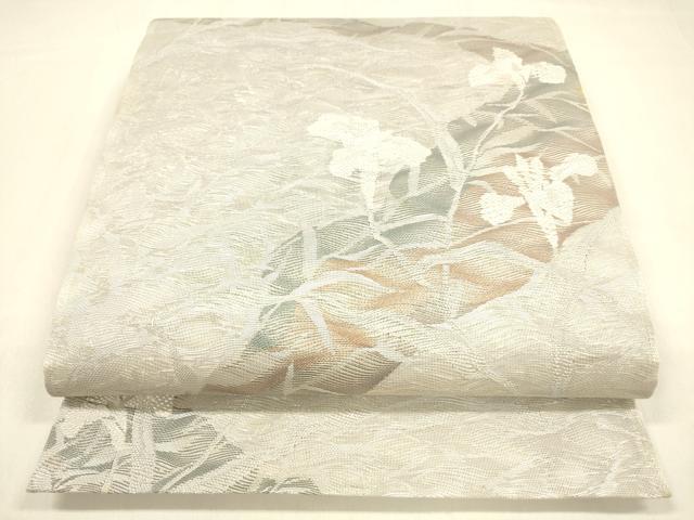 平和屋着物＊夏物　六通柄袋帯　流水草花文　　銀糸　正絹　逸品　DABA0689cm