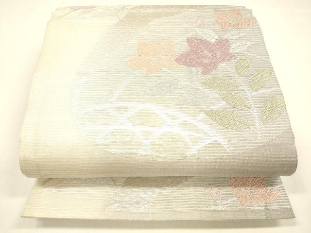 平和屋着物＊夏物　六通柄袋帯　貝合わせ七宝花文　銀糸　正絹　逸品　DABA0707cm