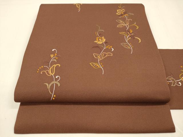 平和屋着物●九寸名古屋帯　総刺繍　草花文　海老茶色　金銀糸　正絹　逸品　DABA0761cm