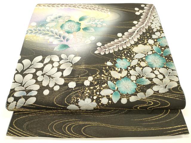 平和屋着物●太鼓柄袋帯　絞り　流水辻が花　黒地　金糸　正絹　逸品　DABA0773cm