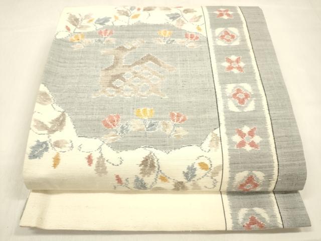 平和屋着物●両面　全通柄袋帯　小千谷紬　有栖川文様　間道　正絹　逸品　DABA0783cm