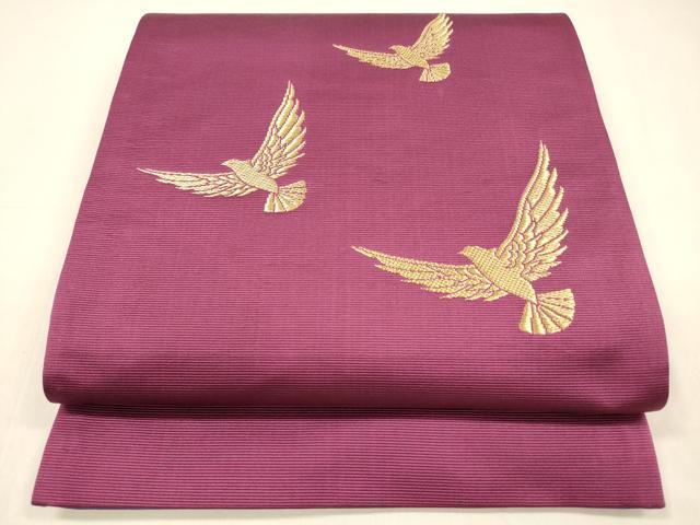 平和屋着物●染色作家　斉藤三才　両面　太鼓柄袋帯　作家物　三才鳥　中紅色　紺瑠璃色　金糸　正絹　逸品　DABA0784cm