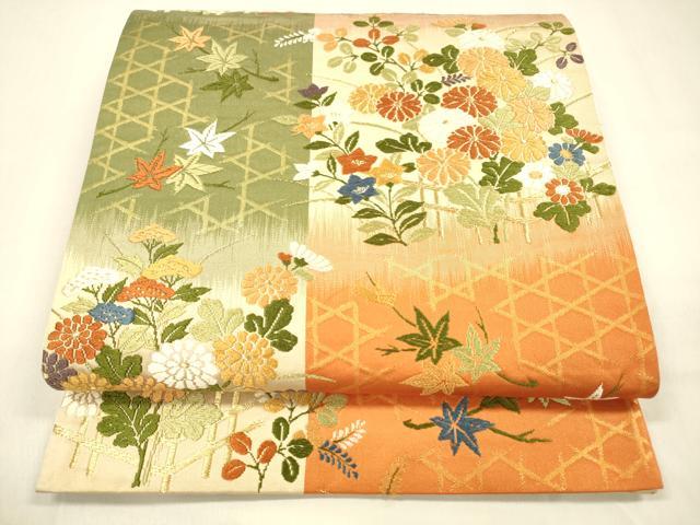 平和屋着物●六通柄袋帯　唐織　草花文　金糸　正絹　逸品　DABA0791cm