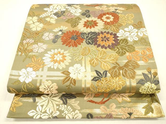 平和屋着物●六通柄袋帯　能衣唐織　格子秋草桜文　金糸　正絹　逸品　DABA0792cm