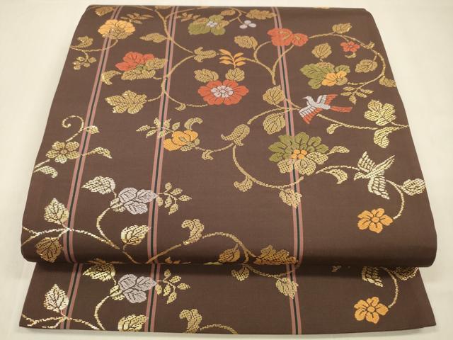 平和屋着物●六通柄袋帯　花鳥唐草文　金糸　正絹　逸品　DABA0803cm