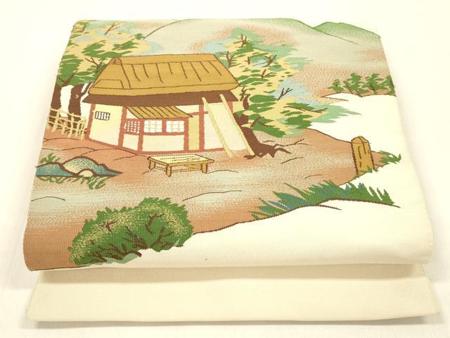 平和屋着物●爪掻き本綴れ　八寸名古屋帯　風景文　正絹　逸品　DABA0808cm