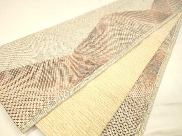 平和屋着物●両面　全通柄袋帯　組織　抽象文様　横段文　金糸　正絹　逸品　DABA0811cm