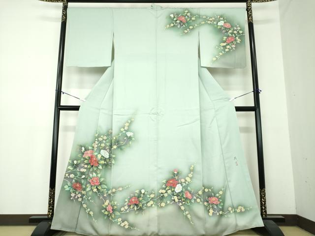 平和屋着物●訪問着　作家物　手描き　枝梅　椿　暈し染め　正絹　逸品　DABA1017ps