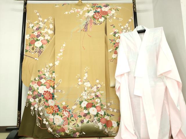 平和屋着物●豪華振袖　長襦袢(無双仕立て)セット　花車文　暈し染め　金彩　正絹　逸品　DABA1084ps