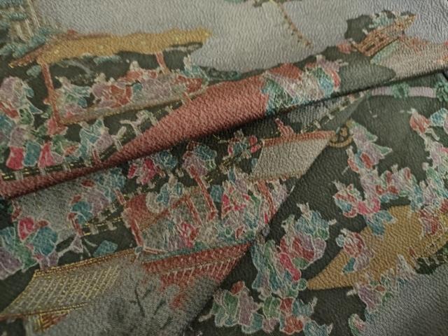 平和屋着物●上質な小紋　人物風景文　鬼しぼ縮緬　金彩　正絹　逸品　DABA1146ps