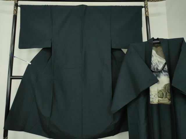 平和屋着物●男性　紬　アンサンブル　長羽織　黒地　正絹　逸品　DABA1167ps