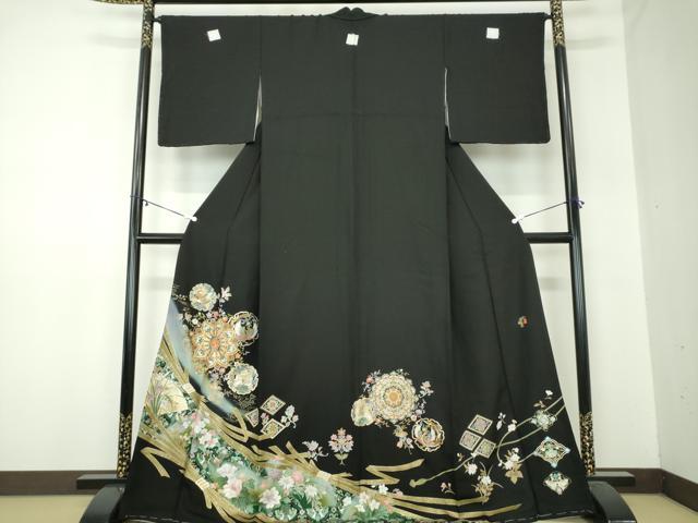 平和屋着物●豪華黒留袖　作家物　駒刺繍　正倉院花鳥文　狩猟文　暈し染め　金彩　正絹　逸品　DABA1175ps