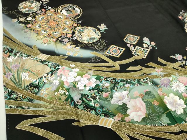 平和屋着物●豪華黒留袖　作家物　駒刺繍　正倉院花鳥文　狩猟文　暈し染め　金彩　正絹　逸品　DABA1175ps 平和屋着物○豪華黒留袖 作家物 駒刺繍 正倉院花鳥文
