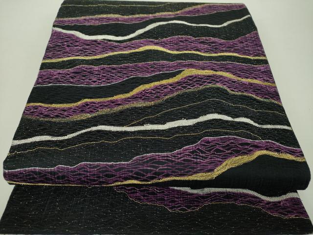 平和屋着物▽六通柄袋帯　スリーシーズン帯　春　夏　秋　櫛織り　霞文　黒地　金銀糸　正絹　逸品　DABA1200ps