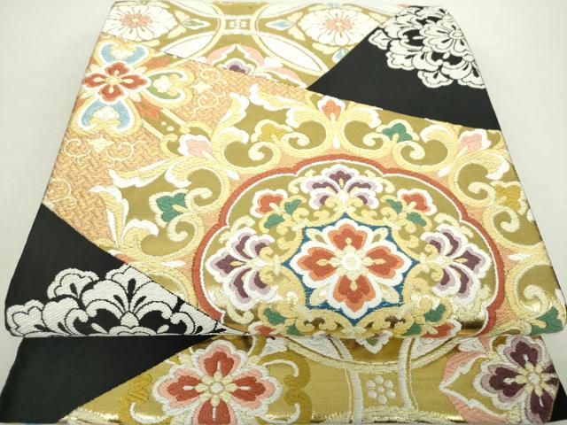平和屋着物●六通柄袋帯　唐織　正倉院花文　黒地　金糸　正絹　逸品　DABA1225ps