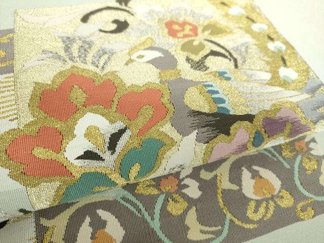 平和屋着物●爪掻き本綴れ　八寸名古屋帯　更紗花鳥文　金銀糸　正絹　逸品　DABA1244ps