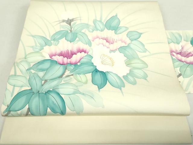 平和屋着物●内山晴祥　手描き　塩瀬　九寸名古屋帯　枝花文　正絹　逸品　DABA1250ps