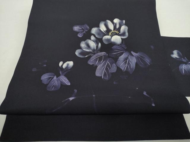 平和屋着物●塩瀬　九寸名古屋帯　手描き　草花文　金彩　正絹　逸品　DABA1252ps