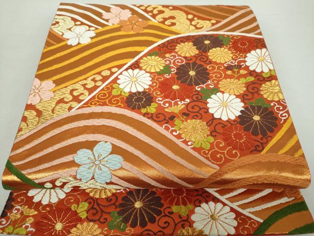 平和屋着物●西陣　河合美術織物謹製　六通柄袋帯　唐織　立波花文　金糸　正絹　逸品　DABA1302ps