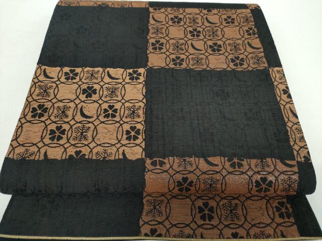 平和屋着物●六通柄袋帯　まわた紬　七宝花文　黒地　正絹　逸品　未使用　DABA1306ps