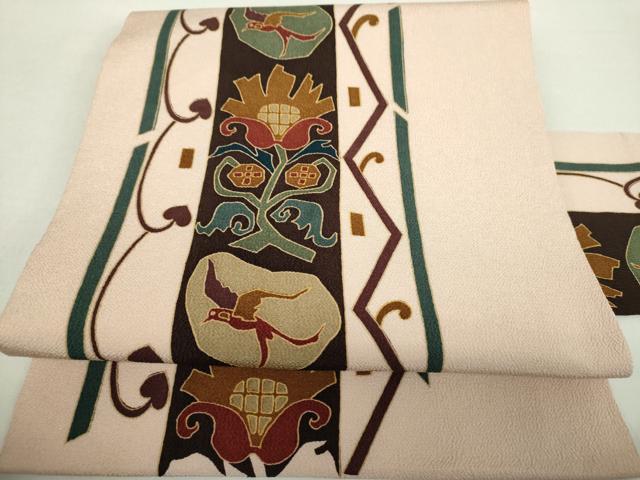 平和屋着物●全通柄九寸名古屋帯　型染　更紗花鳥文　鬼しぼ縮緬　金彩　正絹　逸品　DABA1343ps