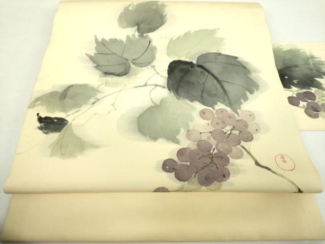 平和屋着物●塩瀬　九寸名古屋帯　作家物　手描き　蔦の葉瓢箪　正絹　逸品　DABA1353ps