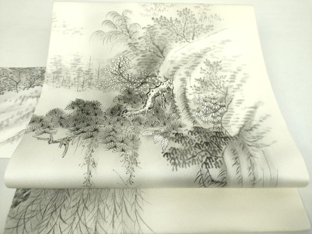 平和屋着物●九寸名古屋帯　手描き　風景花文　滝　正絹　逸品　未使用　DABA1357ps